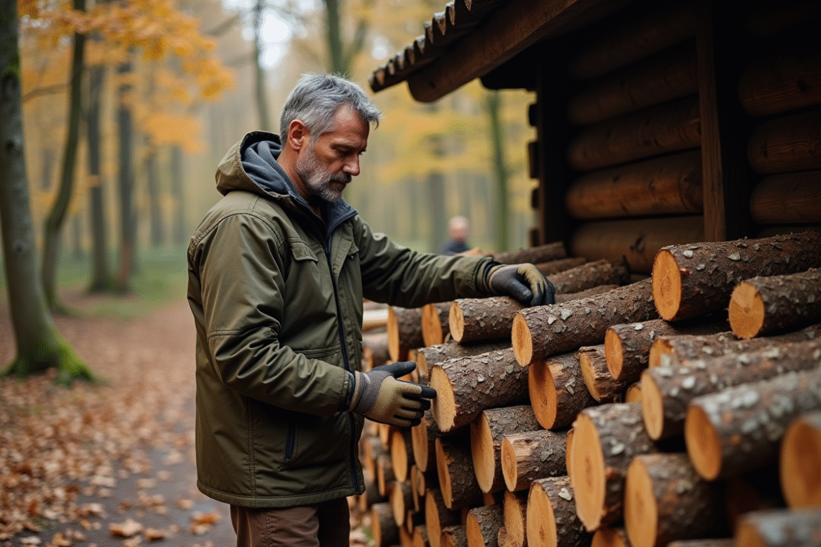 Homme d'âge moyen empilant du bois de paulownia à l'extérieur