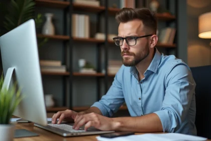 Homme en bureau moderne regardant un site d'achat sur son ordinateur