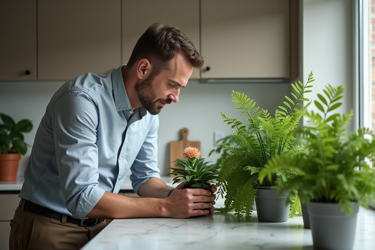 Homme regardant des plantes dans une cuisine urbaine