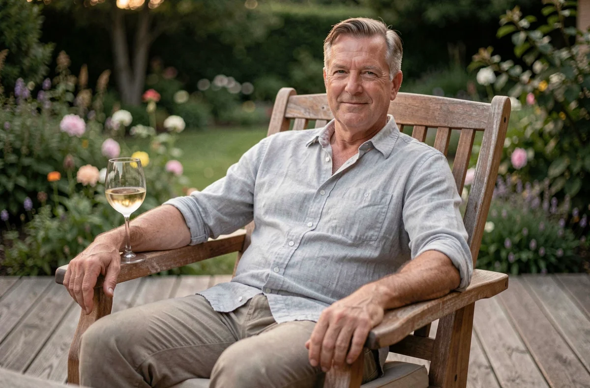 Homme d'une cinquantaine d'années assis dans un fauteuil de jardin en teck avec accoudoirs, tenant un verre de vin blanc sur une terrasse en bois au coucher du soleil