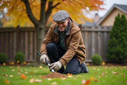 Homme d'âge moyen appliquant de l'engrais dans le jardin automnal