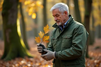 Homme d'âge moyen tenant une branche de chêne avec des galles en forêt