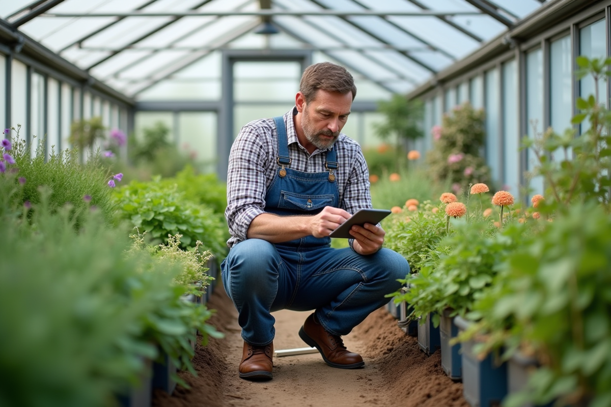 Homme en serre prenant des notes sur une tablette parmi les plantes