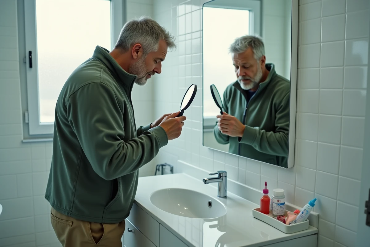 Homme inspectant une rougeur dans son cou avec un miroir grossissant dans une salle de bain après une randonnée en nature