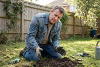 Homme d'âge moyen dans le jardin examine une taupinière