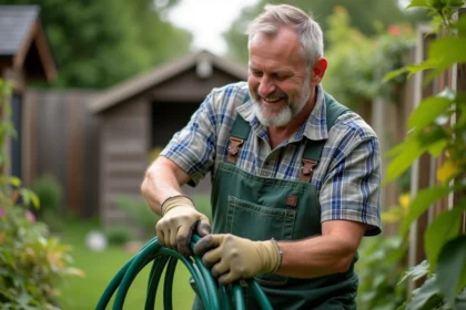 Homme en overalls inspectant un tuyau d'arrosage vert dans le jardin