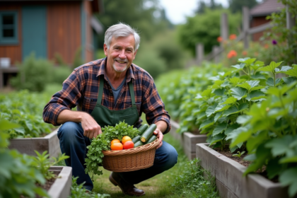 Homme dans son jardin récoltant des légumes frais