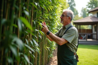 Homme d'âge moyen inspectant un mur de bambous dense dans son jardin