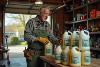 Homme en vêtements de travail examine des bouteilles de produits chimiques