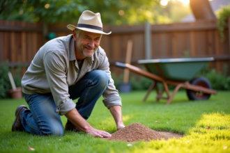 Homme d'âge moyen appliquant du fertilisant dans le jardin