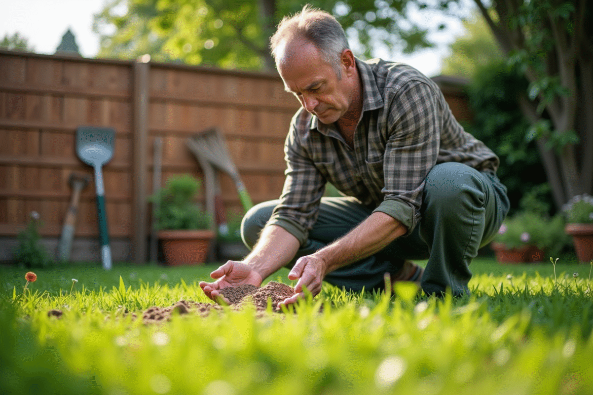 Homme d'âge moyen en tenue de jardinage appliquant de l'engrais