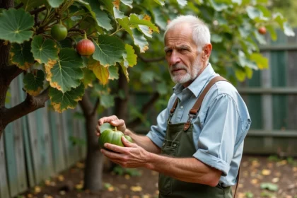 Homme âgé examinant une feuille de figuier jaunie dans le jardin