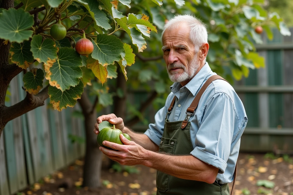 Homme âgé examinant une feuille de figuier jaunie dans le jardin