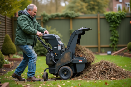 Homme en vêtements de jardinage utilisant un broyeur moderne dans le jardin