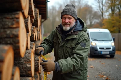 Homme mesurant une pile de bois de chauffage à l'extérieur