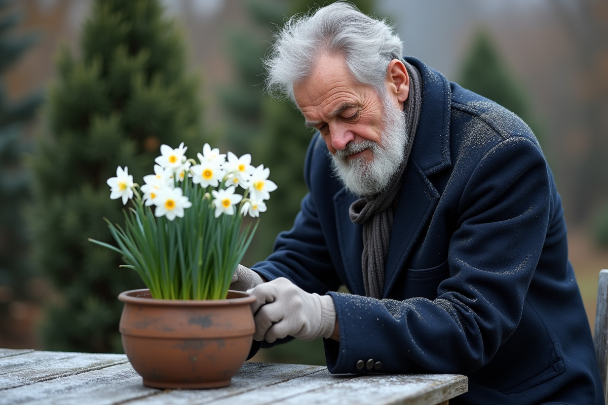 Homme âgé plantant des narcisses blancs dans un jardin hivernal