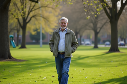 Homme d'âge moyen dans un parc verdoyant en promenade