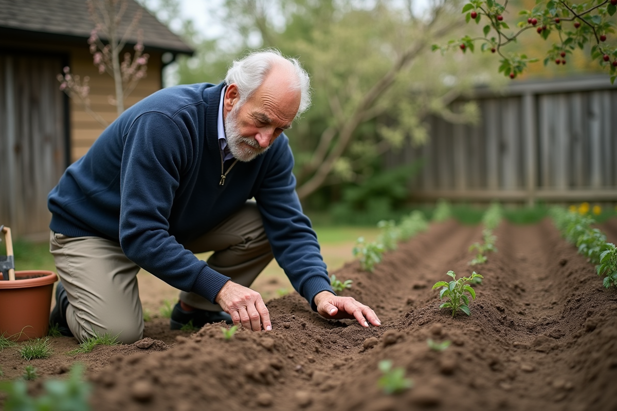 Homme âgé marquant des rangs dans un jardin avant de planter