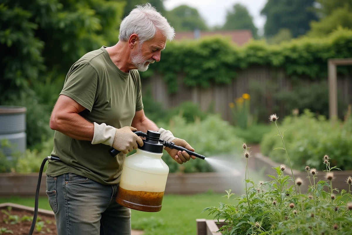 Homme appliquant un désherbant au vinaigre avec un pulvérisateur à pompe entre les carrés potagers du jardin