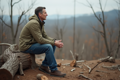 Homme en randonnée contemplant un paysage déboise