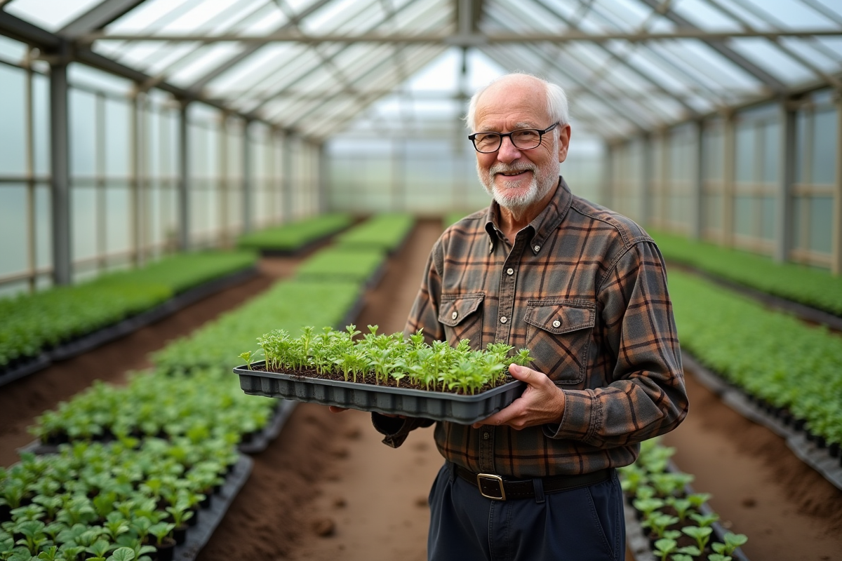 Homme âgé tenant tray de jeunes pousses dans serre