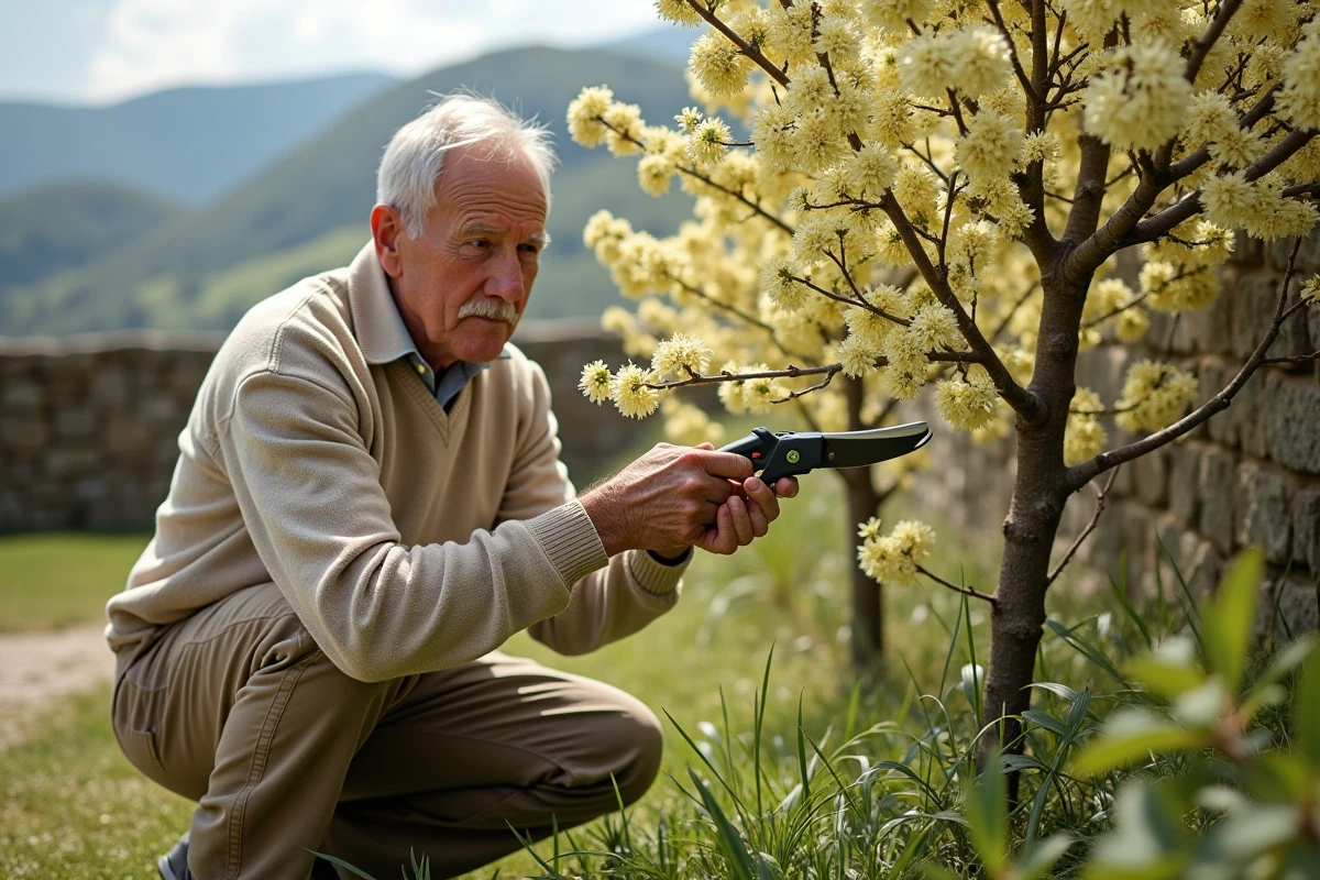 Homme taillant un mimosa dans un jardin rural