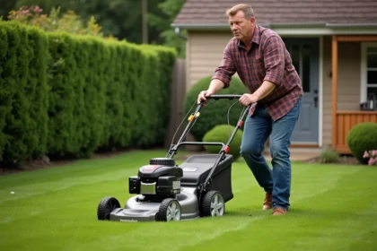 Homme d'âge moyen tondant la pelouse dans un quartier résidentiel