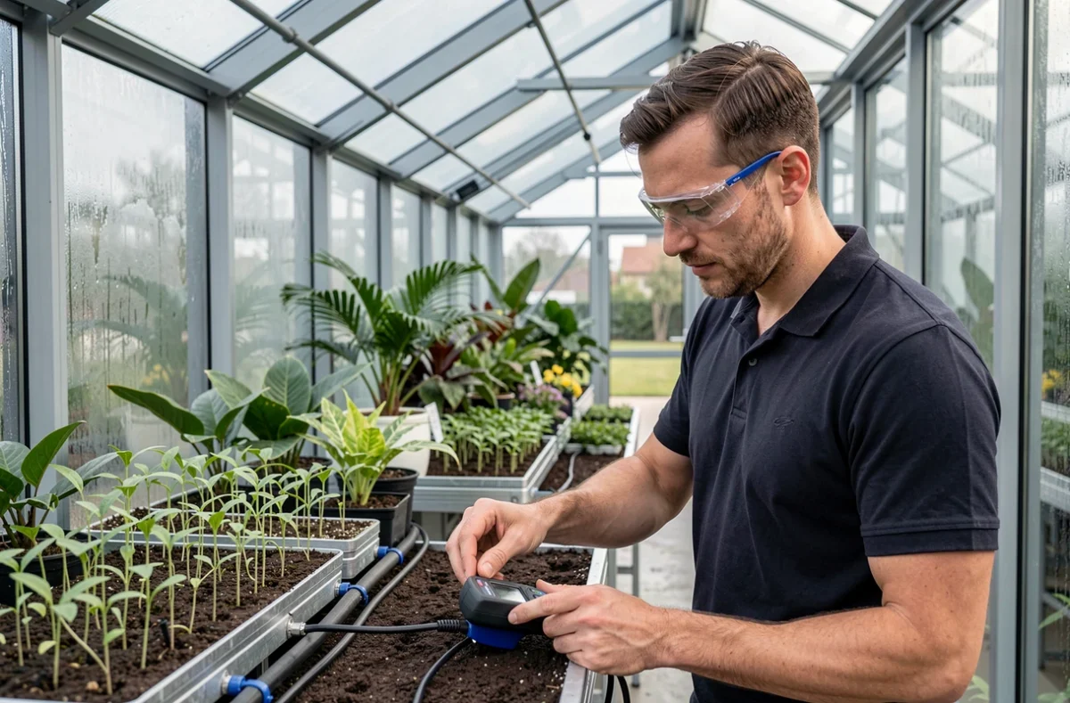 HortiB à Canéjan, horticulteur mesurant le pH du sol dans une serre moderne avec des plants en rangées sur des tables métalliques