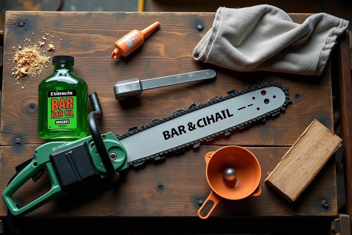 Vue à plat d'une bouteille d'huile pour tronçonneuse électrique, d'un guide-chaîne et d'accessoires d'entretien sur un établi en bois
