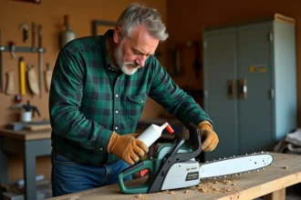 Homme versant de l'huile pour tronçonneuse électrique dans le réservoir d'une tronçonneuse dans un atelier de bricolage