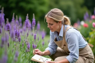 Femme identifiant une fleur de lavande dans son jardin avec un guide botanique illustré