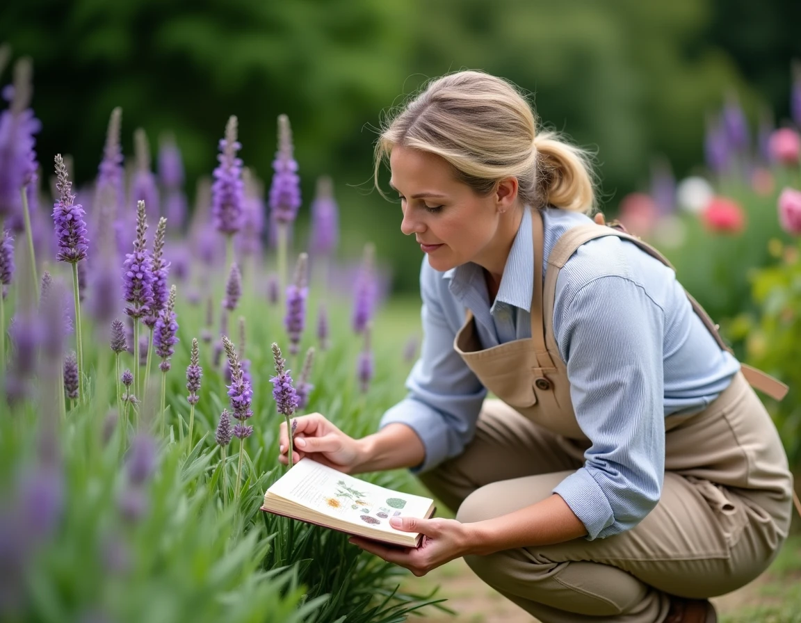 Femme identifiant une fleur de lavande dans son jardin avec un guide botanique illustré