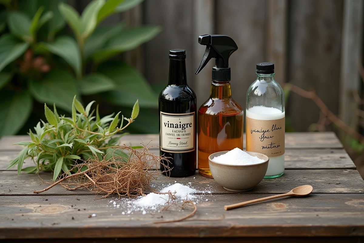 Flat lay des ingrédients d'un désherbant écologique maison : vinaigre blanc, vinaigre d'alcool, sel et pulvérisateur sur table de jardin