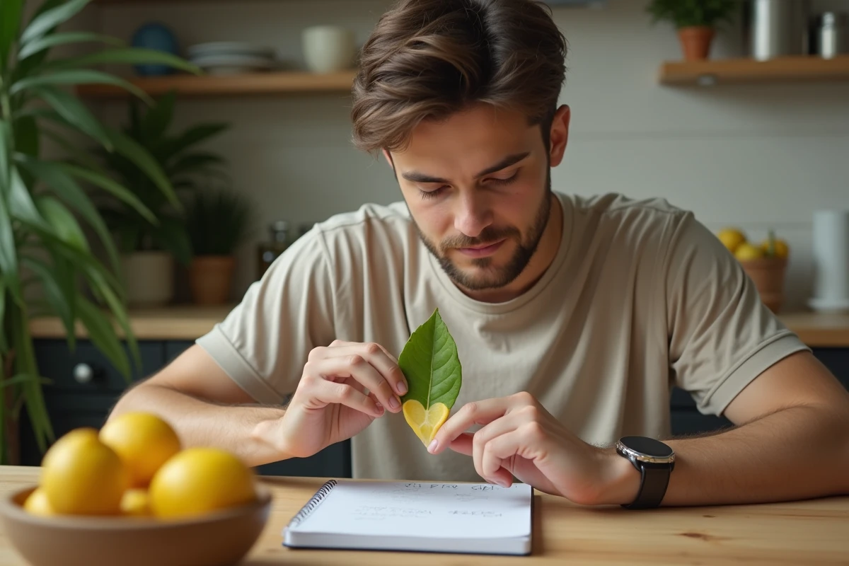 Jeune homme inspecte une feuille de citron jaunie en cuisine