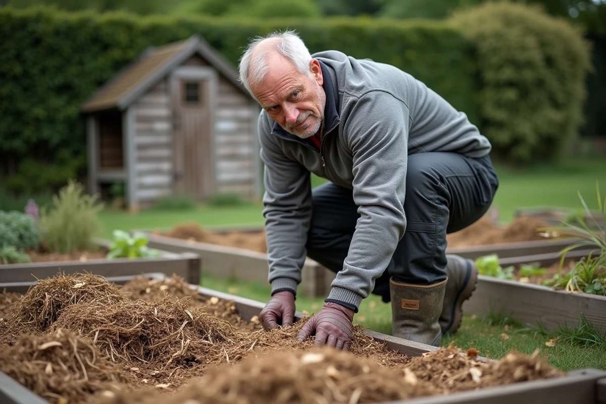 Jardinier inspectant l'humidité du sol sous un paillage de feuilles mortes dans une parcelle de pommes de terre