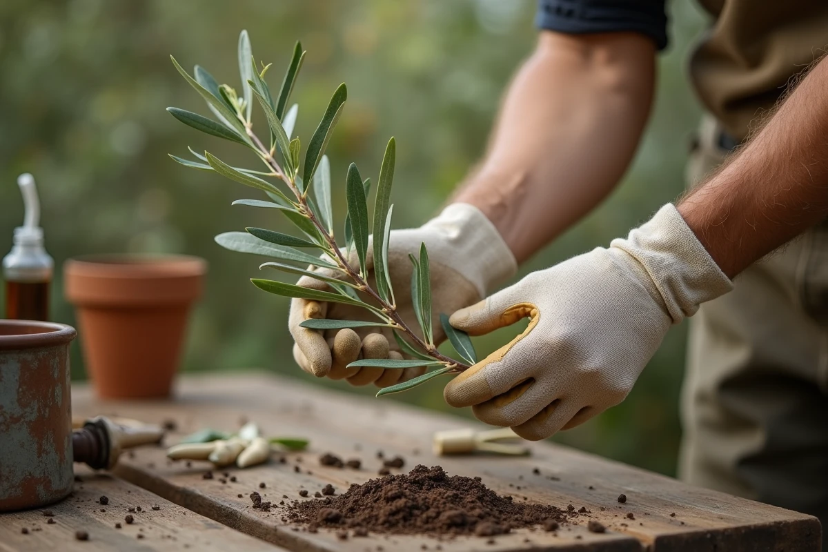 Mains de jardinier inspectant une branche d'olivier pour détecter une infestation de cochenilles