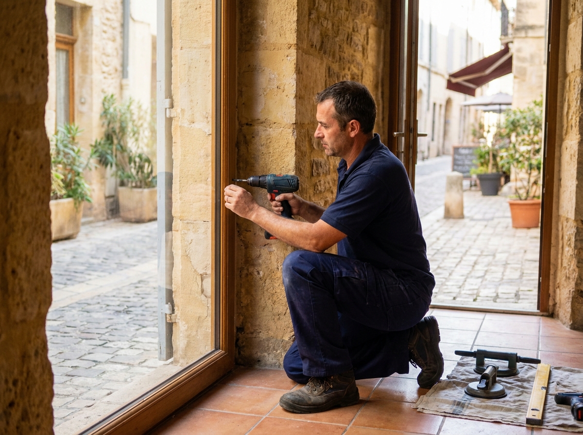 Artisan posant une fenêtre à double vitrage dans une maison en pierre de Nîmes pour améliorer le confort thermique