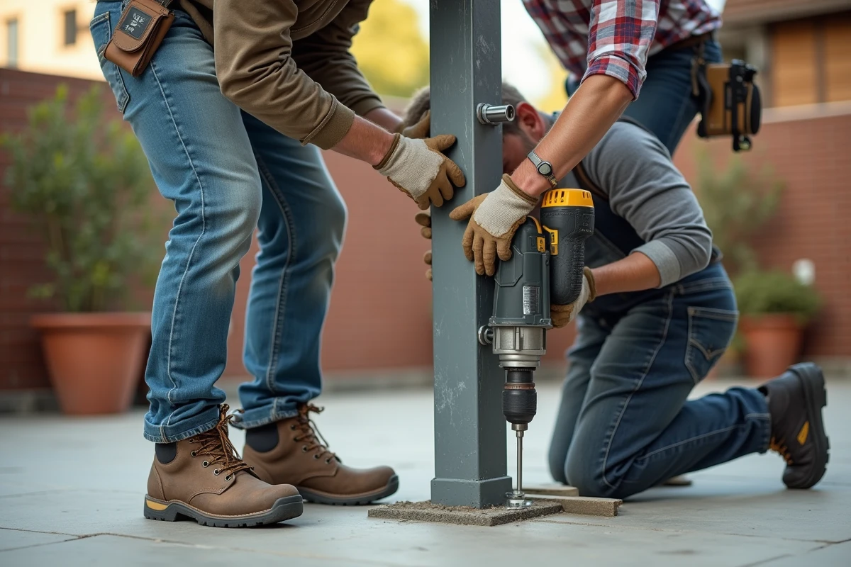 Deux hommes installant un poteau de grillage sans ciment à l'aide d'une platine boulonnée sur une terrasse en béton