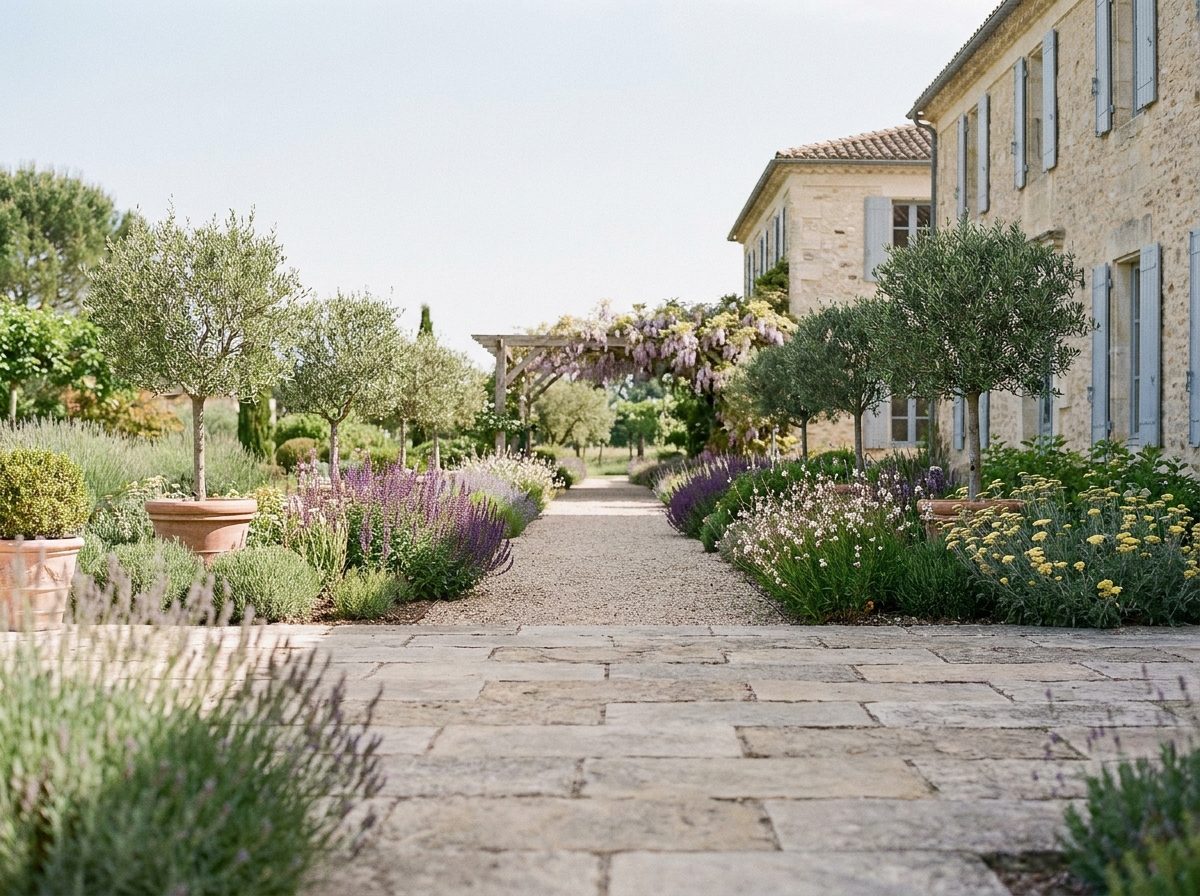 Jardin aménagé avec terrasse en pierre et allée de gravier dans une propriété girondine