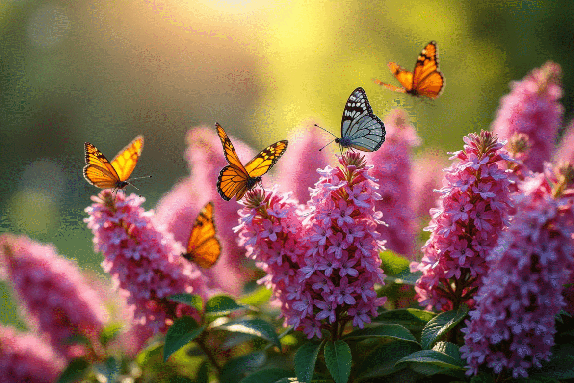 Jardin coloré avec des fleurs de buddleia et des papillons