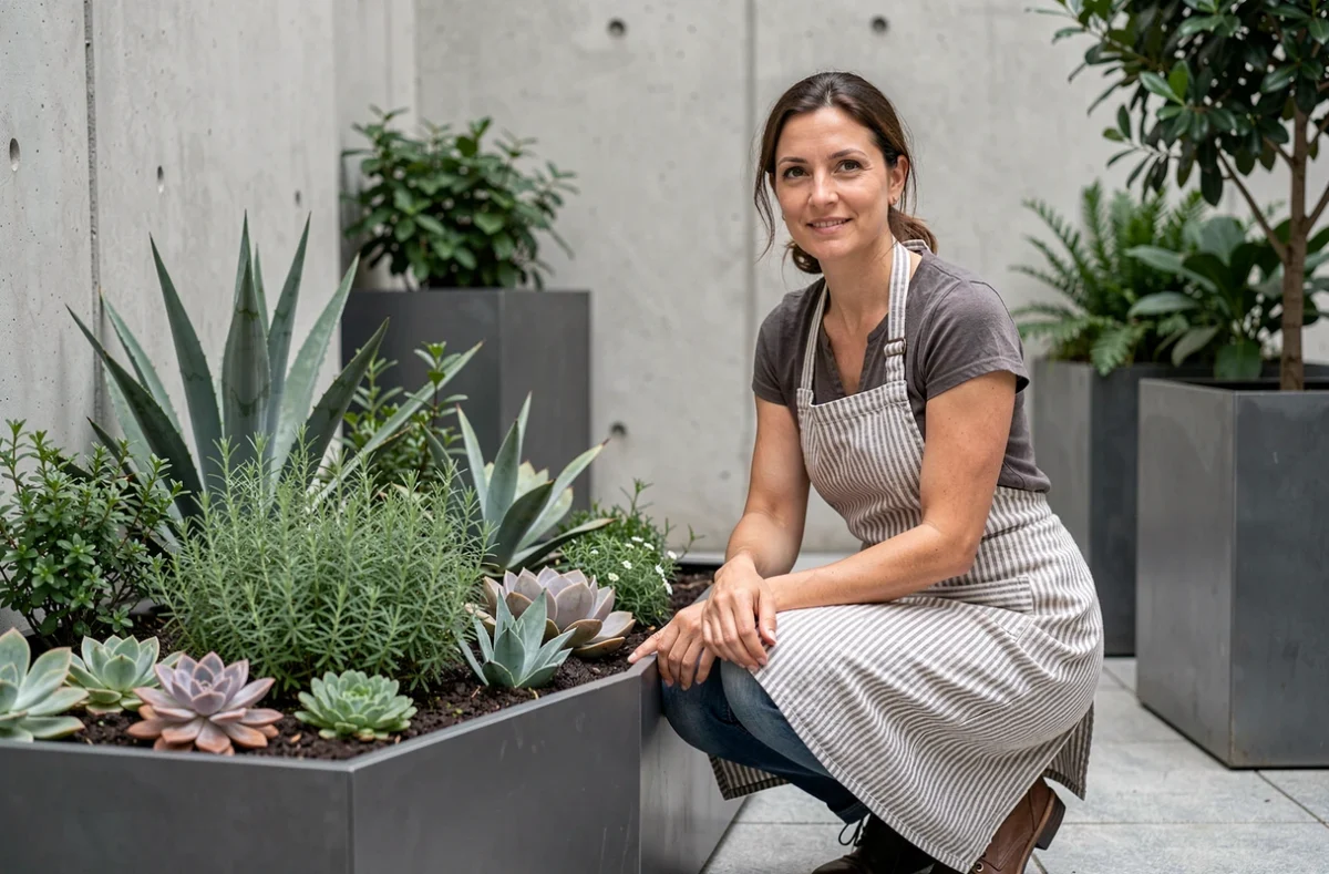 Une designer de Jardin en Forme s'accroupit à côté d'un parterre de plantation géométrique rempli d'herbes et de plantes sculpturales dans un jardin urbain moderne de Toulouse