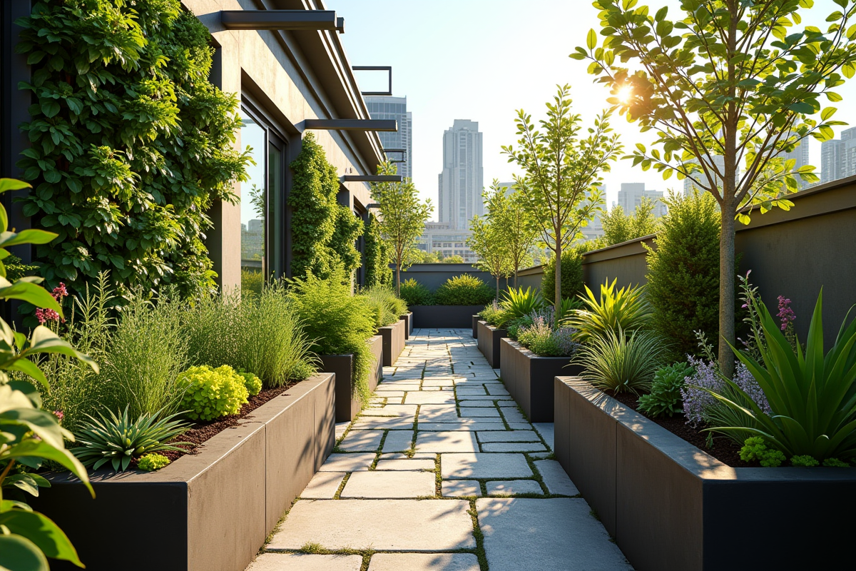 Jardin sur toit urbain avec fleurs et herbes aromatiques