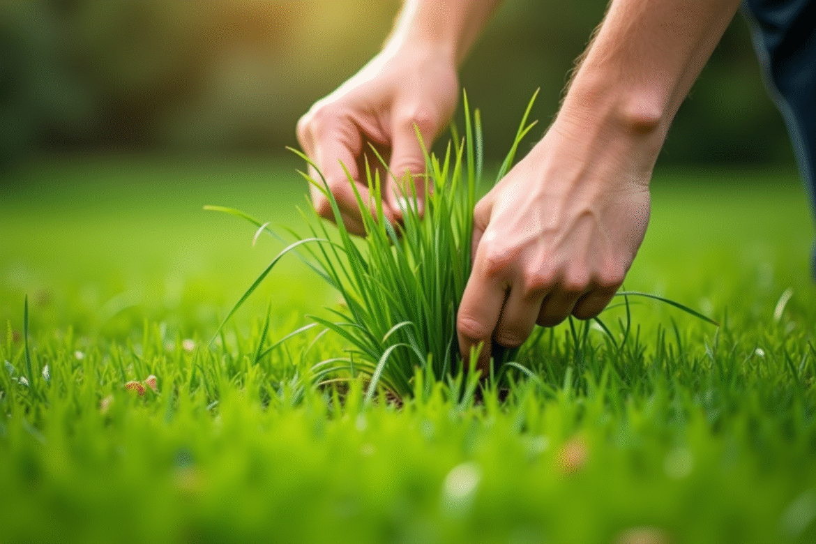 Mains arrachant des herbes dans un gazon vert vif en plein jour