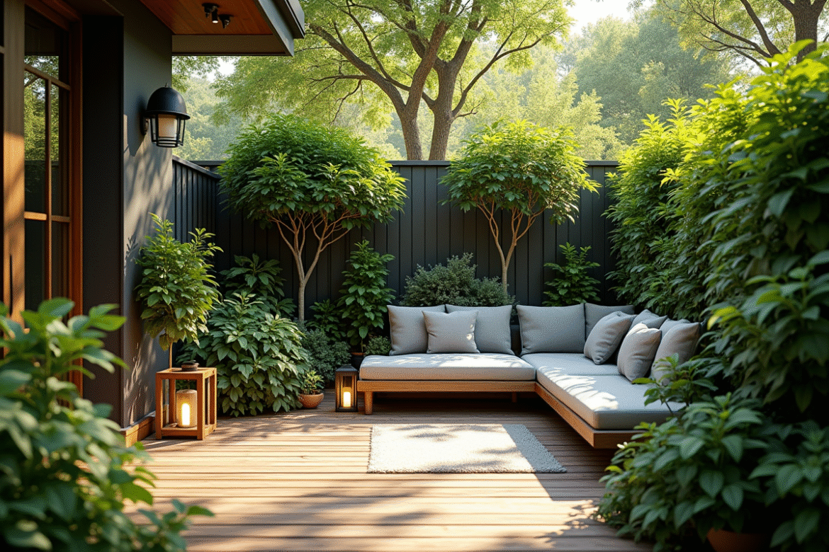 Petit jardin moderne avec plantes vertes et coin détente