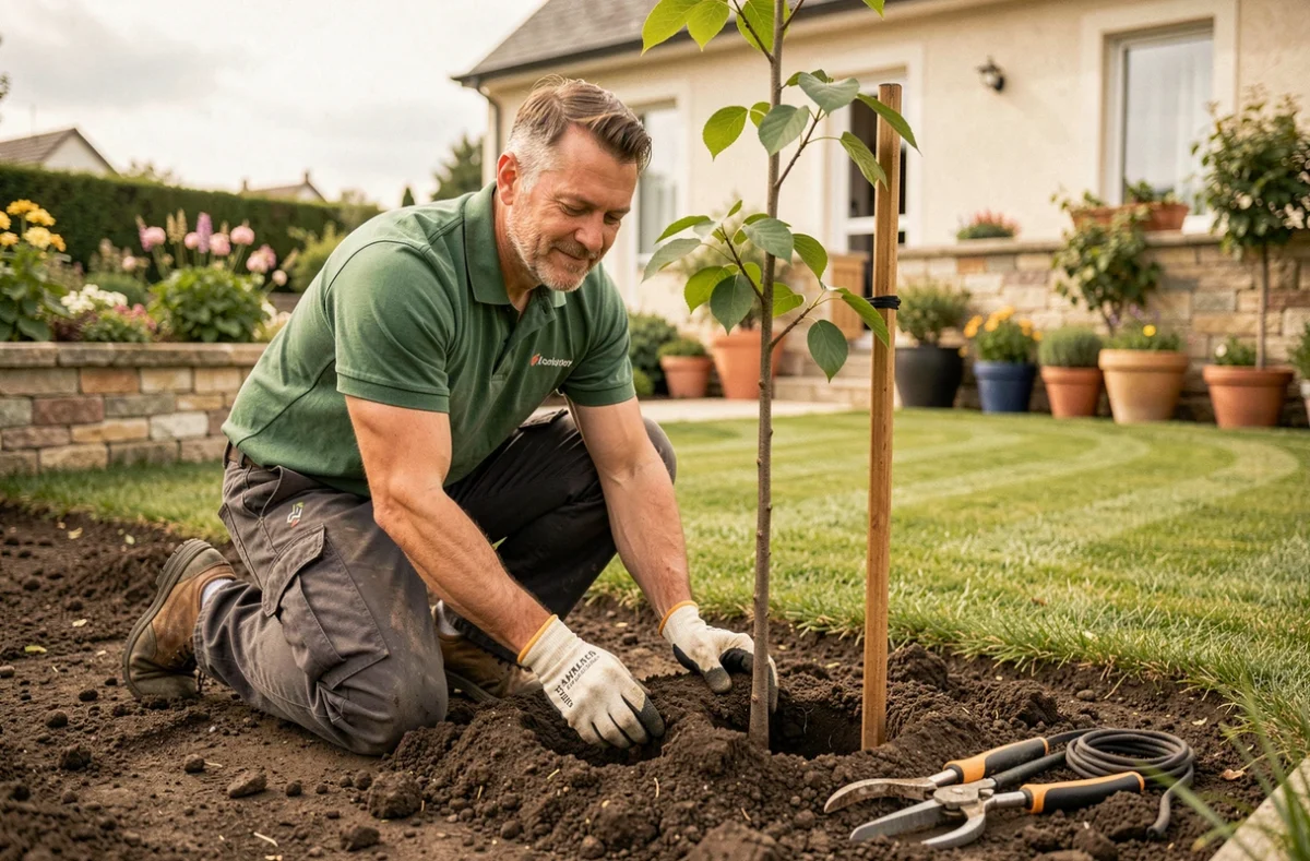 Jardinier de Jardin Vert Eden plantant un jeune charme dans un jardin aménagé des Yvelines