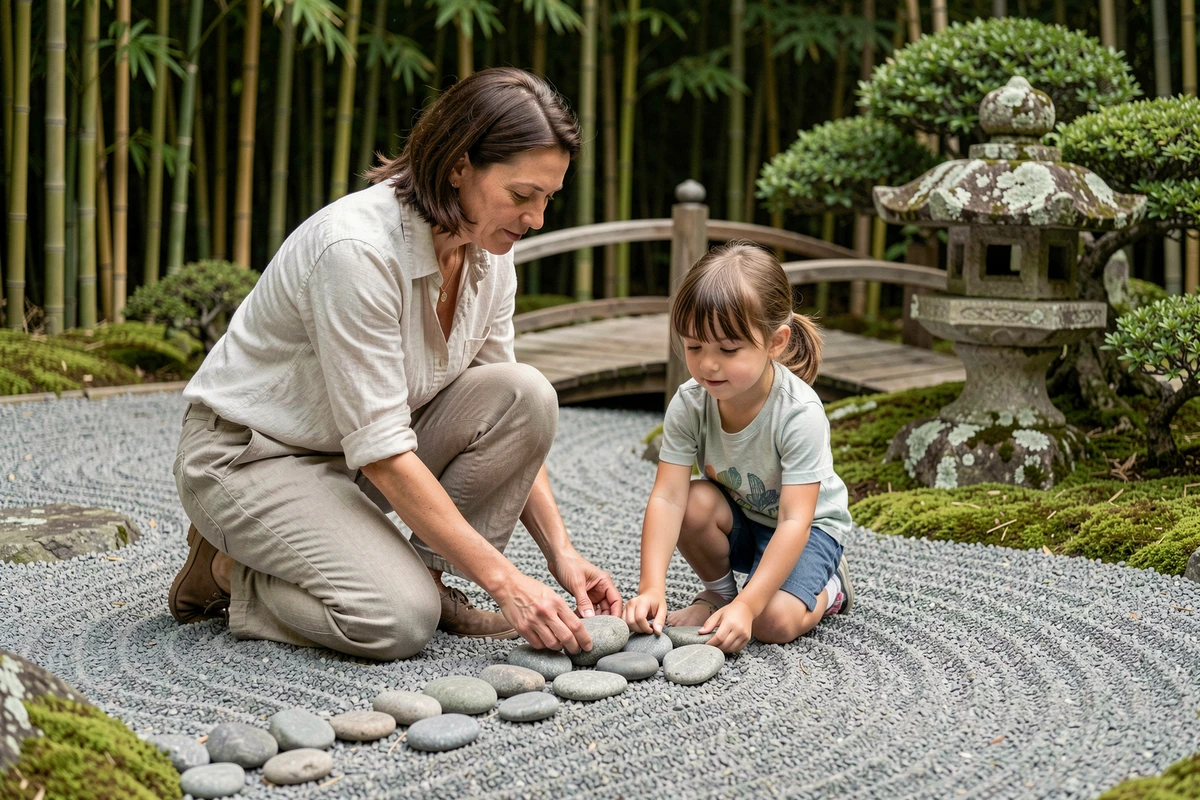 Femme et enfant arrangeant des pierres dans un jardin zen familial avec gravier ratissé et bambou