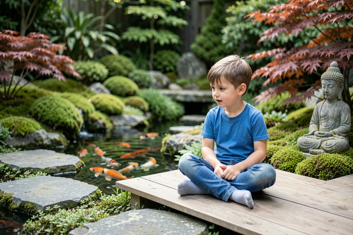 Deux enfants assis près d'un bassin à koïs dans un jardin zen verdoyant avec érable japonais et statue de pierre