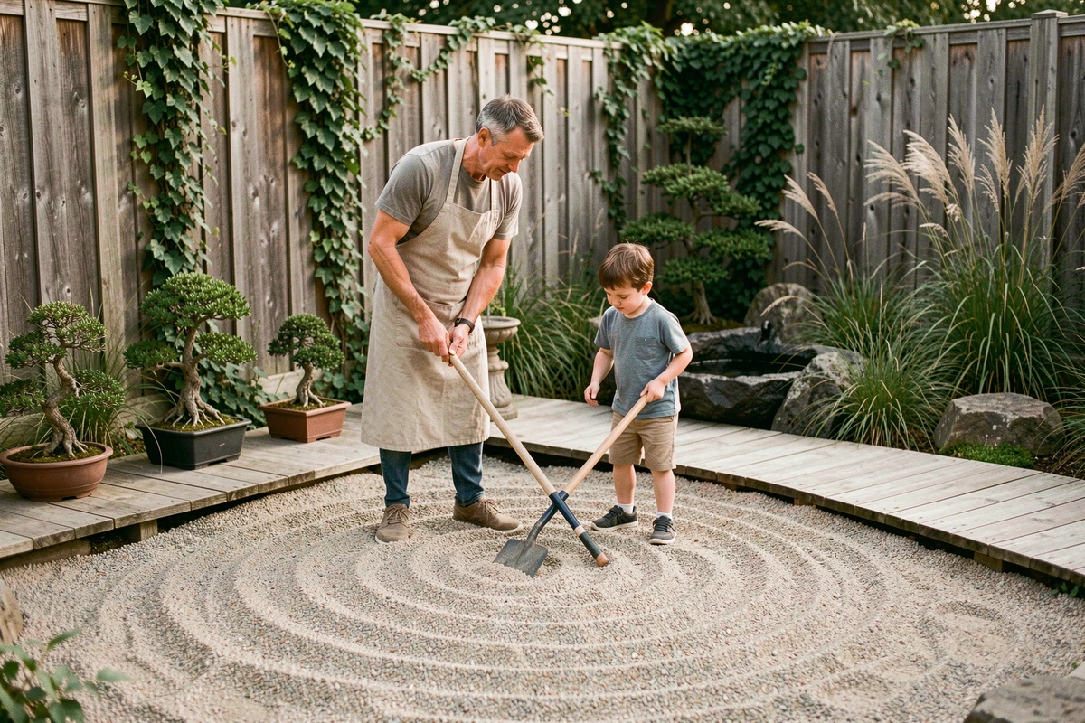 Père et fils ratissant un mandala de gravier dans un jardin zen apaisante avec bonsaï et bassin de pierre