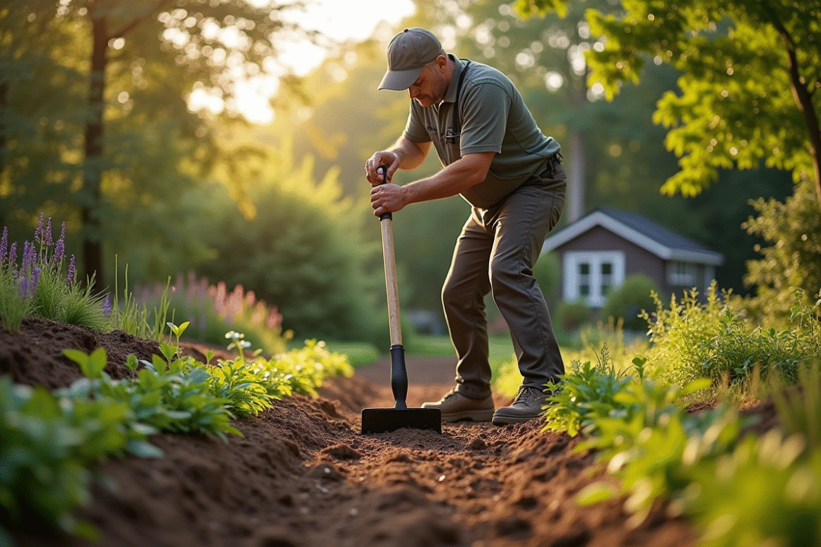 Jardinier nivelant la terre fraîche dans un jardin ensoleille