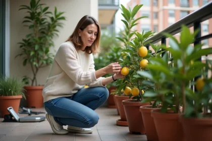Femme examine un citronnier sur balcon en ville